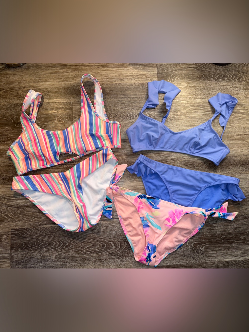 No Boundaries Women's Multi-Color Striped & Solid Lavender Bikini Set